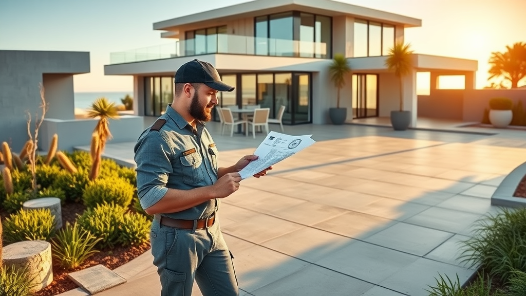 Concrete contractor in Newport Beach reviewing decorative patio site plans