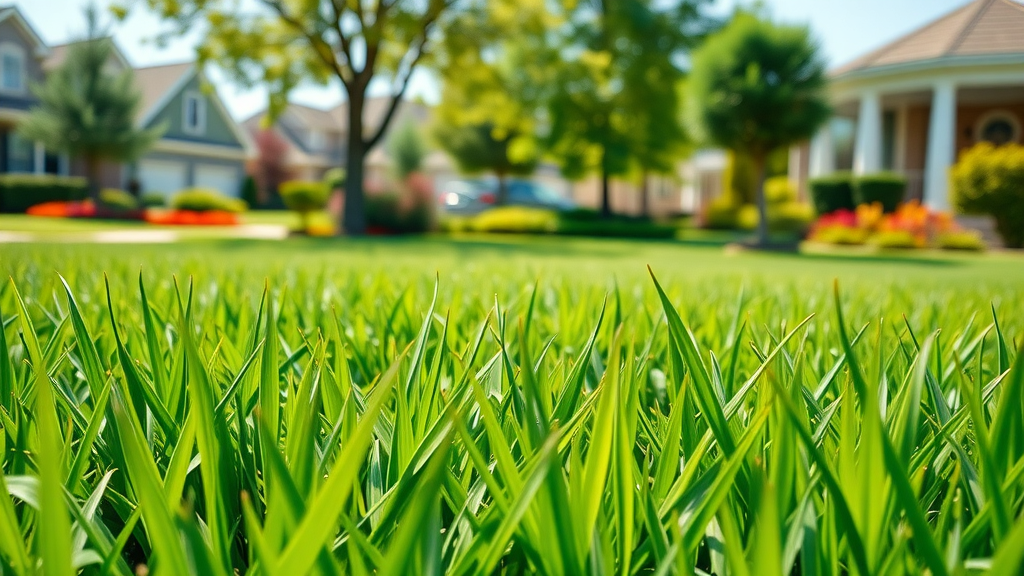 A beautifully lush green residential lawn after proper lawn aeration, vibrant and healthy in a sunny suburban neighborhood