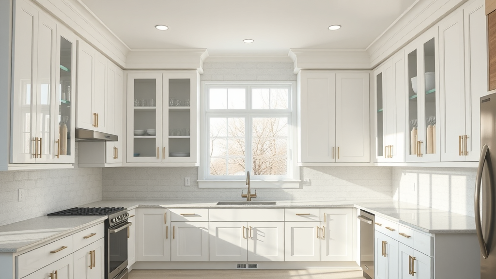 Freshly painted white kitchen cabinets glowing in bright modern kitchen