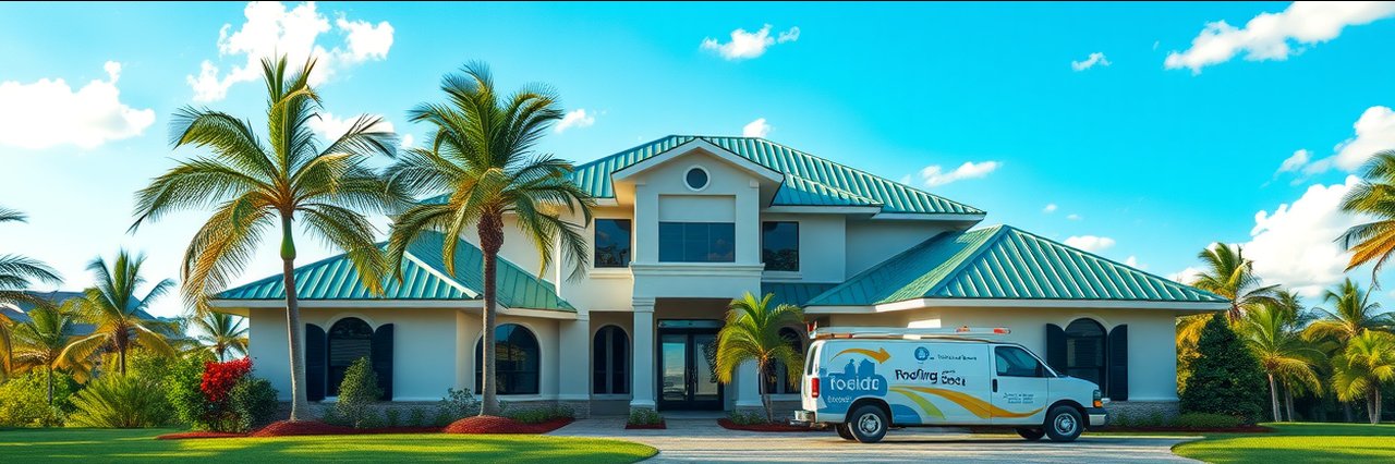 Southwest Florida roofing project on tropical home with contractor truck