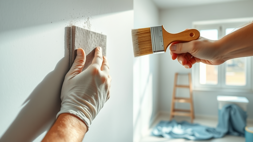 Close-up of expert prepping wall for interior exterior painting project