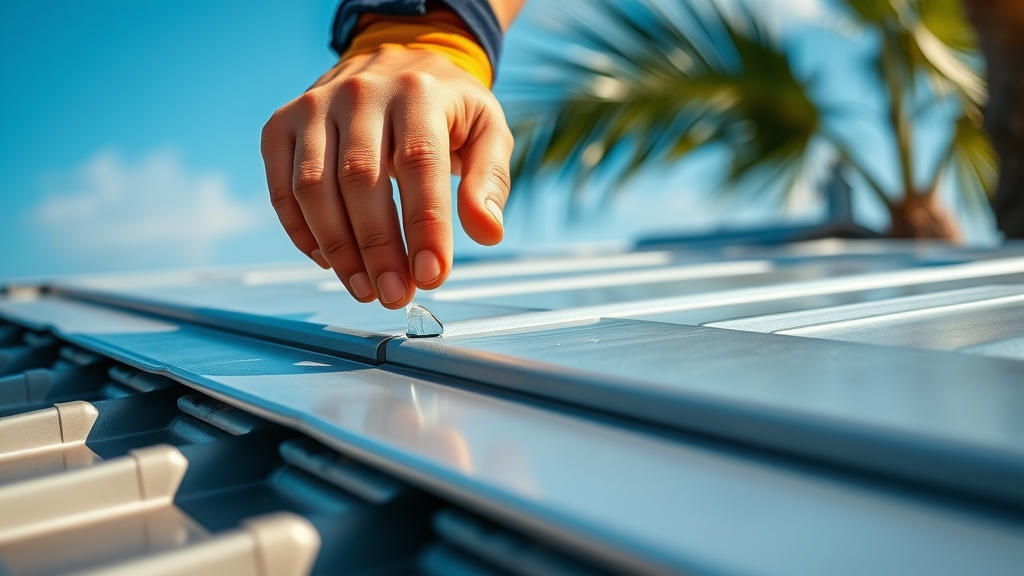 Roofer installing metal roof panels in Southwest Florida under clear sky