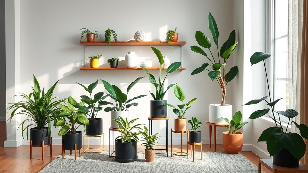 Elegant arrangement of popular indoor potted plants (spider plant, snake plant, zz plant, peace lily, fiddle leaf fig) on stylish stands, minimalist modern living room with wooden shelves and textured rug, plants catching sunlight