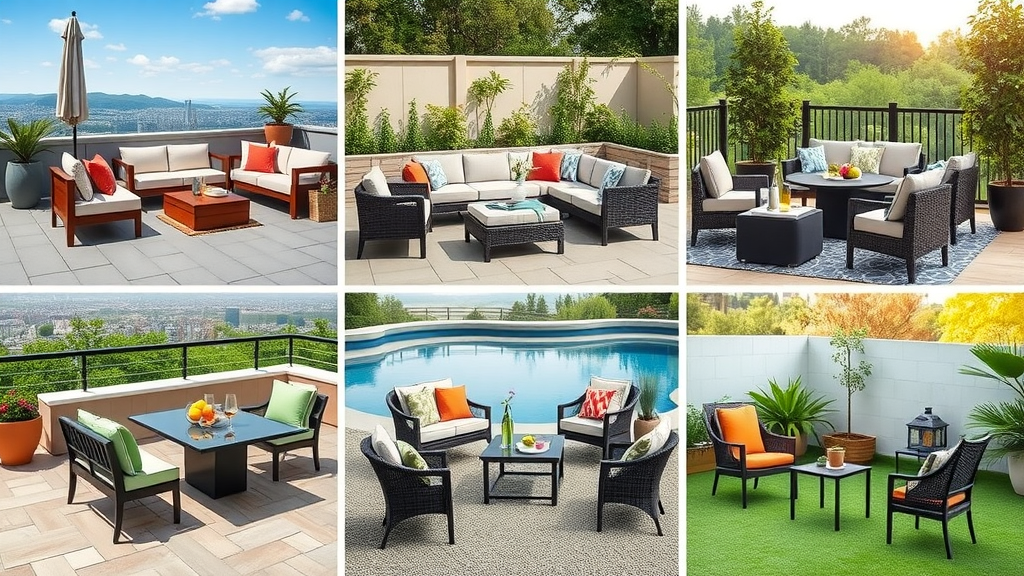 collage featuring best patio conversation set, outdoor dining chair sets, and stylish lounge chairs for 2024