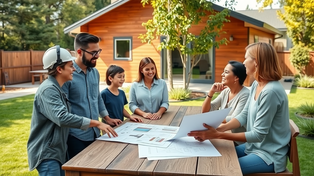 Sacramento family reviews ADU plans with construction contractor in backyard