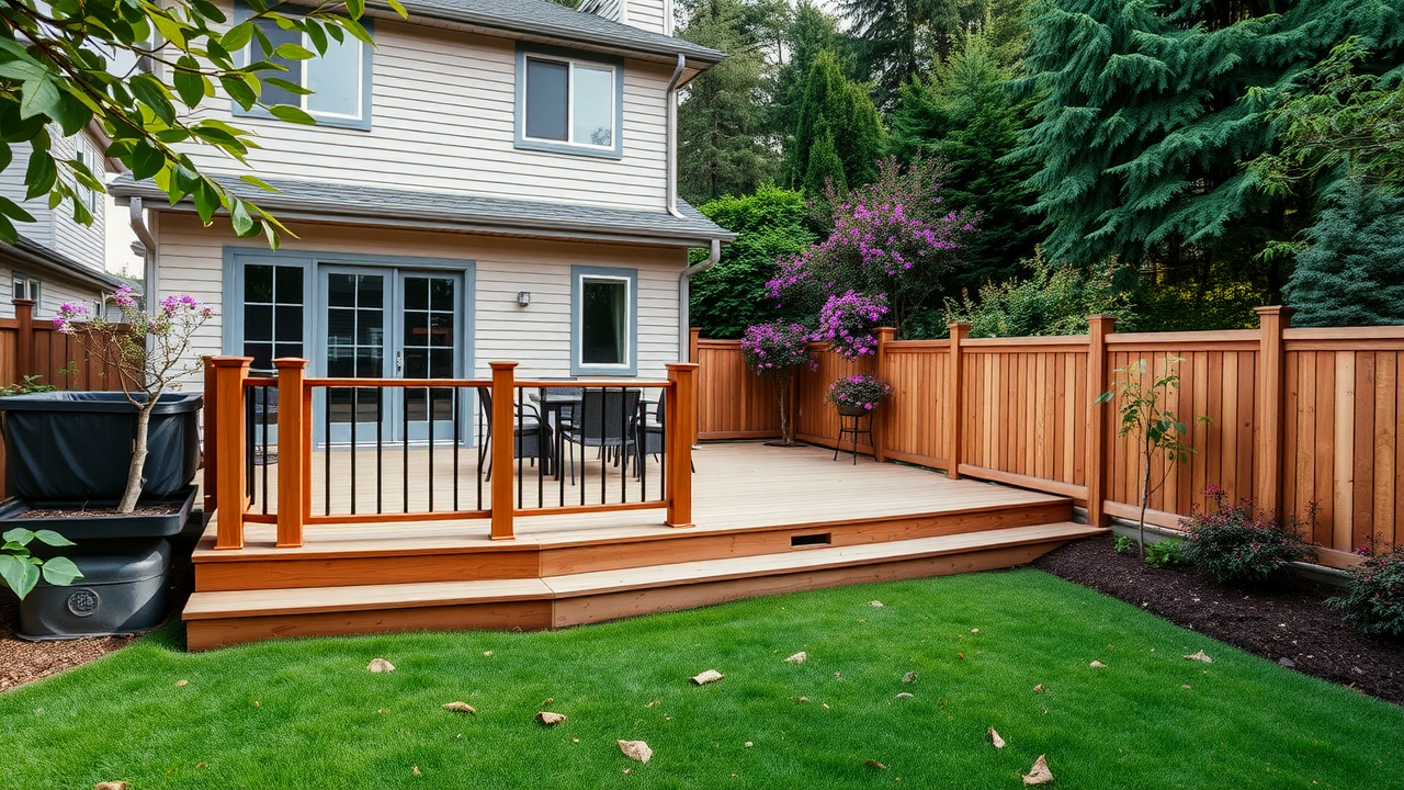 Backyard upgraded with new custom fence and deck by Optima Fence and Deck in Mercer Island