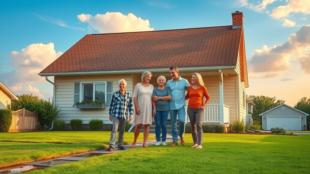 Happy family with new roof after prompt storm damage roof repair