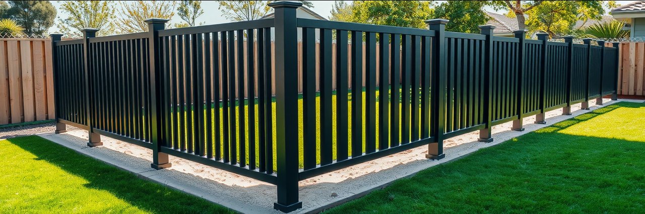 Modern backyard aluminum wood pvc fence with green lawn and sunlight