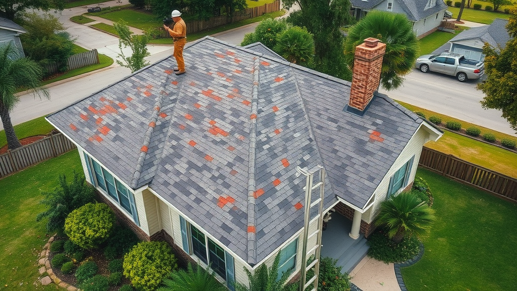 Storm roof damage repair in McKinney: roofer fixes house roof after severe weather.