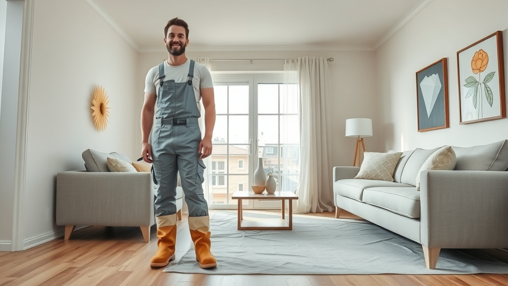 Trustworthy painter wearing clean uniform covering floors during interior painting representing residential painting trends