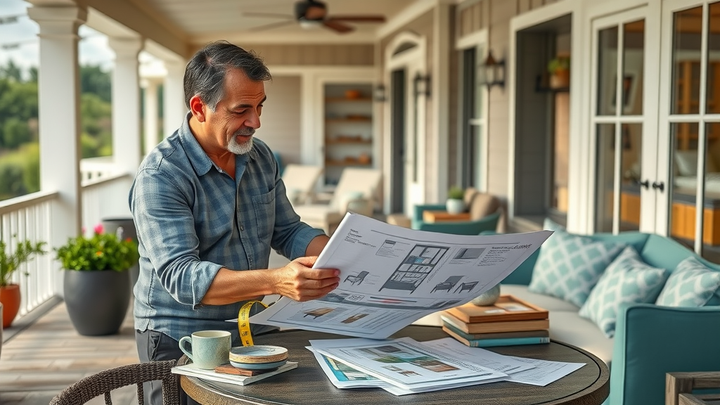 couple using measuring tape and catalogs to choose the best outdoor furniture for their patio or porch