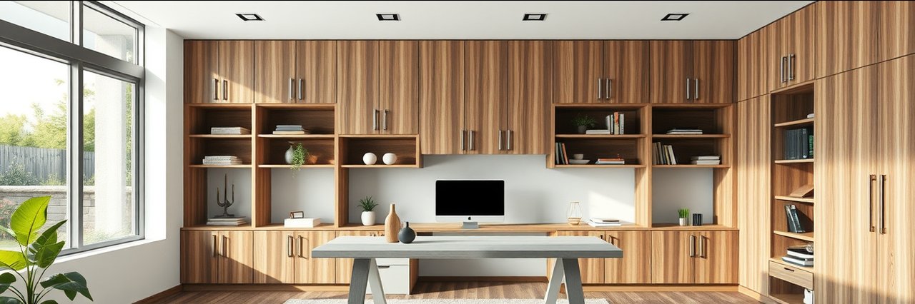 Modern custom home office cabinets in a bright workspace with garden view.