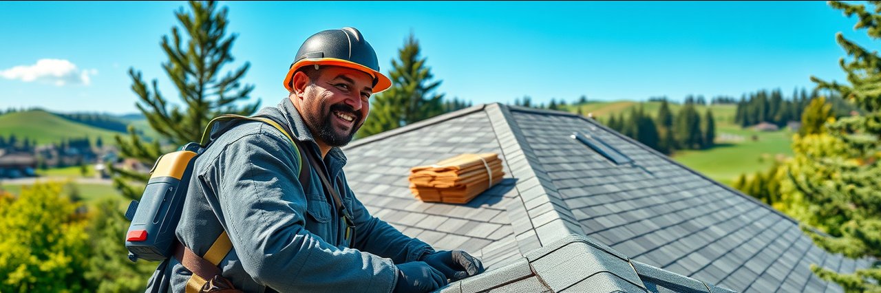 Professional roofer in Clackamas Oregon installing shingles on suburban roof