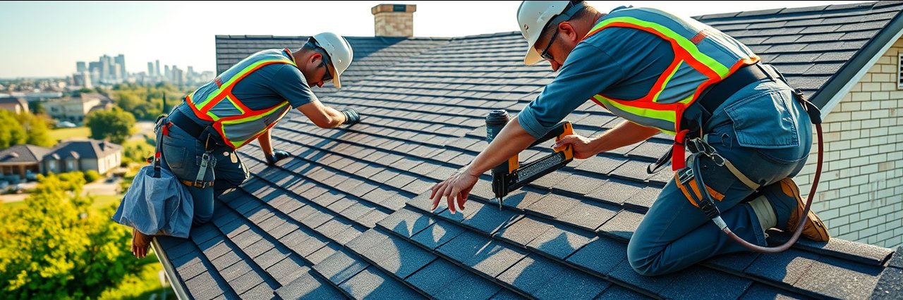 Professional roofers perform a roof replacement on a Dallas, Texas home