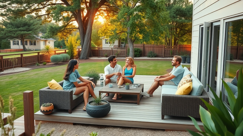Modern backyard deck by Dynamic Decks Inc. Spokane Washington, family enjoying lush outdoor space