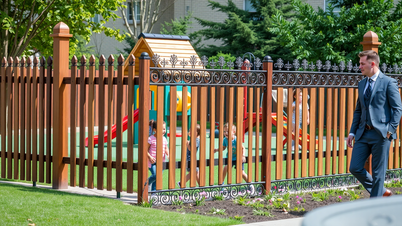 Commercial residential fencing protecting community park and business area
