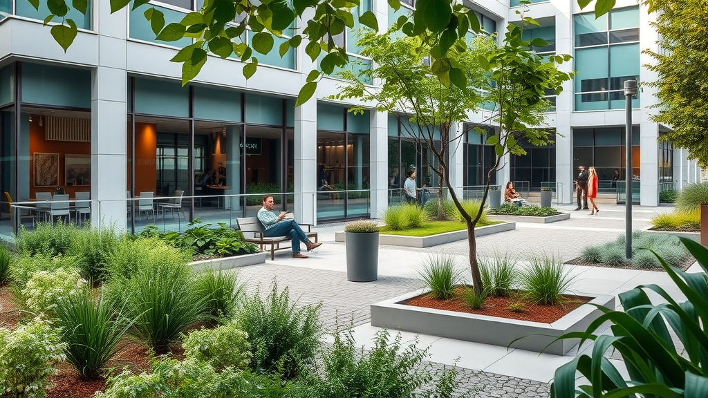 contemporary office exterior with sustainable low-maintenance landscaping for commercial properties