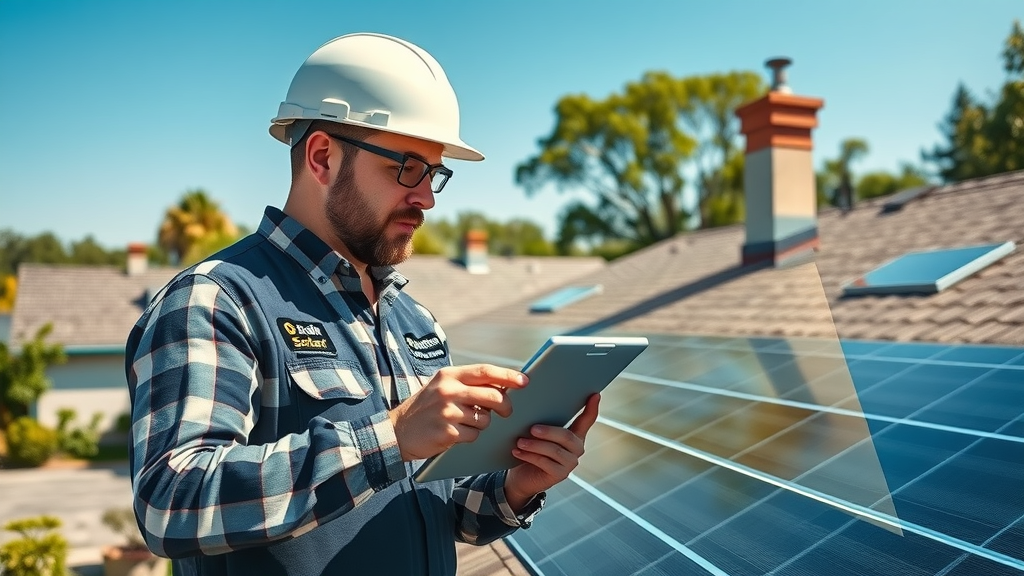Certified installer assessing residential rooftop for solar energy for homes with tablet and sun path overlay