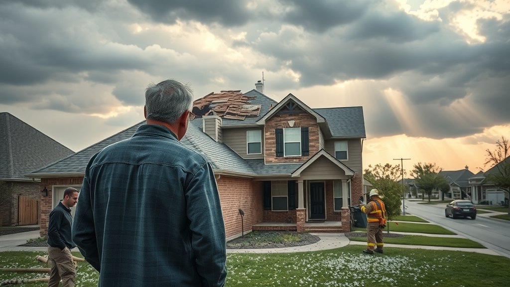 Storm roof damage restoration in McKinney, Texas: Repair crew inspects damaged home roof after storm.