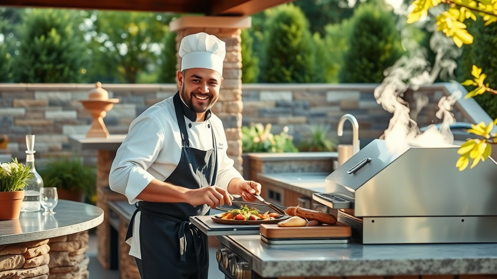 outdoor kitchen chef grilling luxury outdoor living space