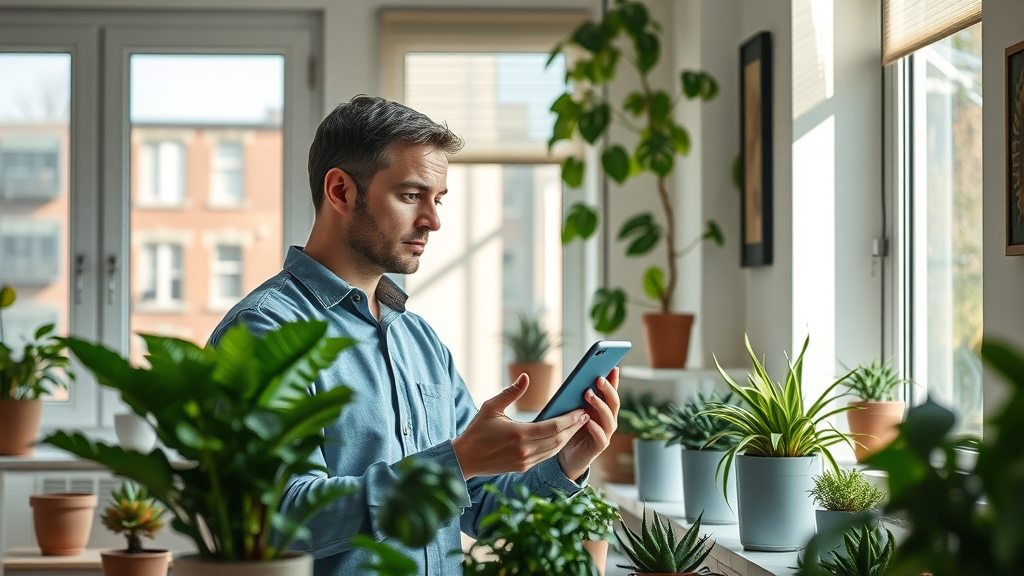 Bright home office with person selecting from various indoor plants, comparing pots and light conditions, organized workspace with labeled windows, plants of different sizes around