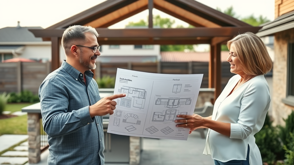 bespoke outdoor kitchen layout, satisfied homeowners reviewing blueprints, outdoor kitchen design, personalized outdoor space, custom counter shapes