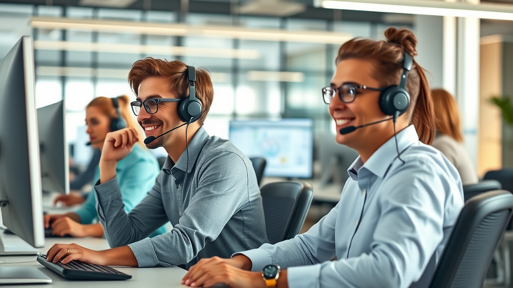 friendly appliance repair customer support team answering calls and emails in modern office