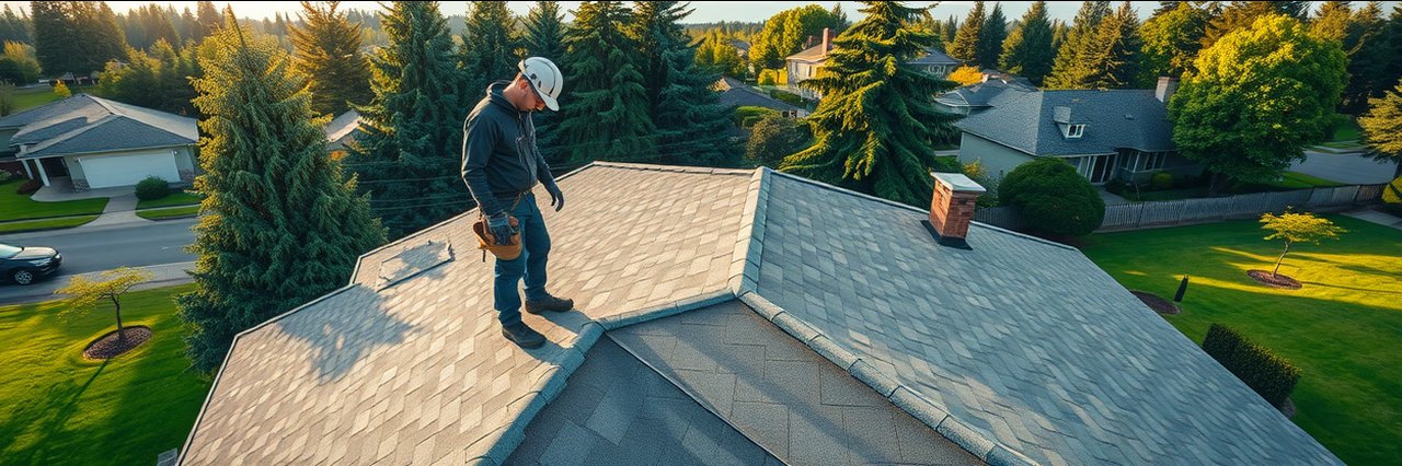 Roofing contractor in Portland Oregon inspects shingles on suburban home roof.