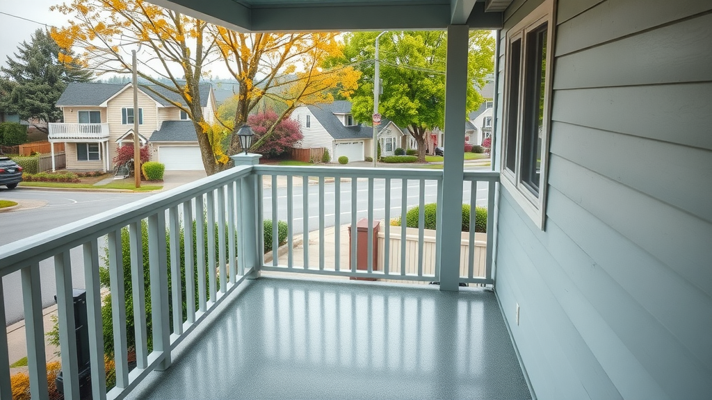 Freshly repaired balcony overlooking North Highlands, California neighborhood.