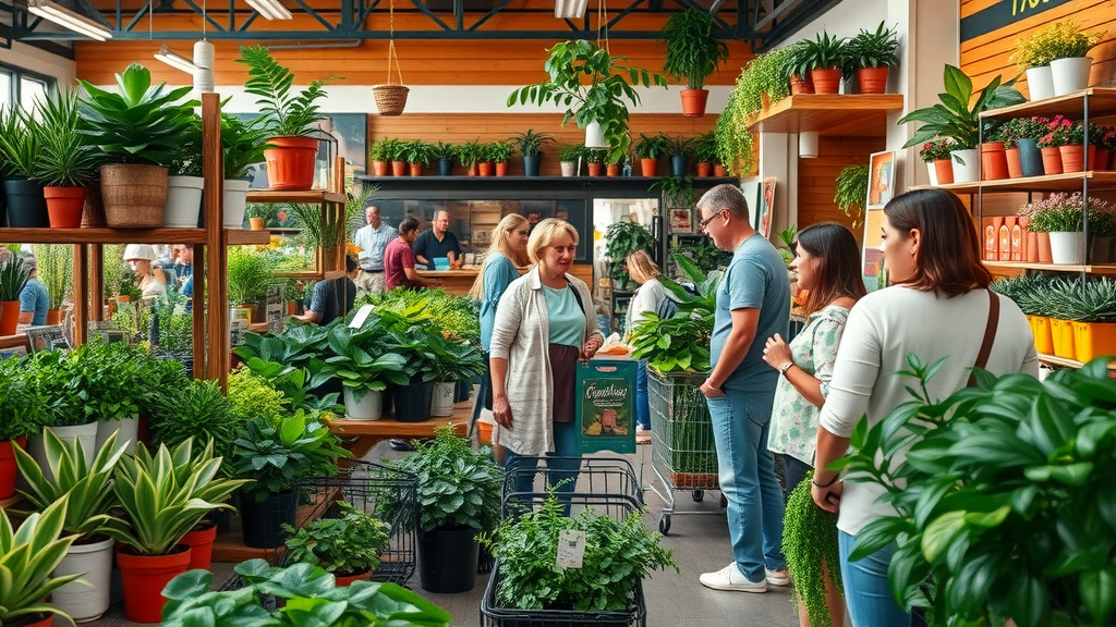 Lively local nursery and online shopping comparison, diverse variety of houseplants displayed, eager buyers browsing, market setting with potted plants and packaging area