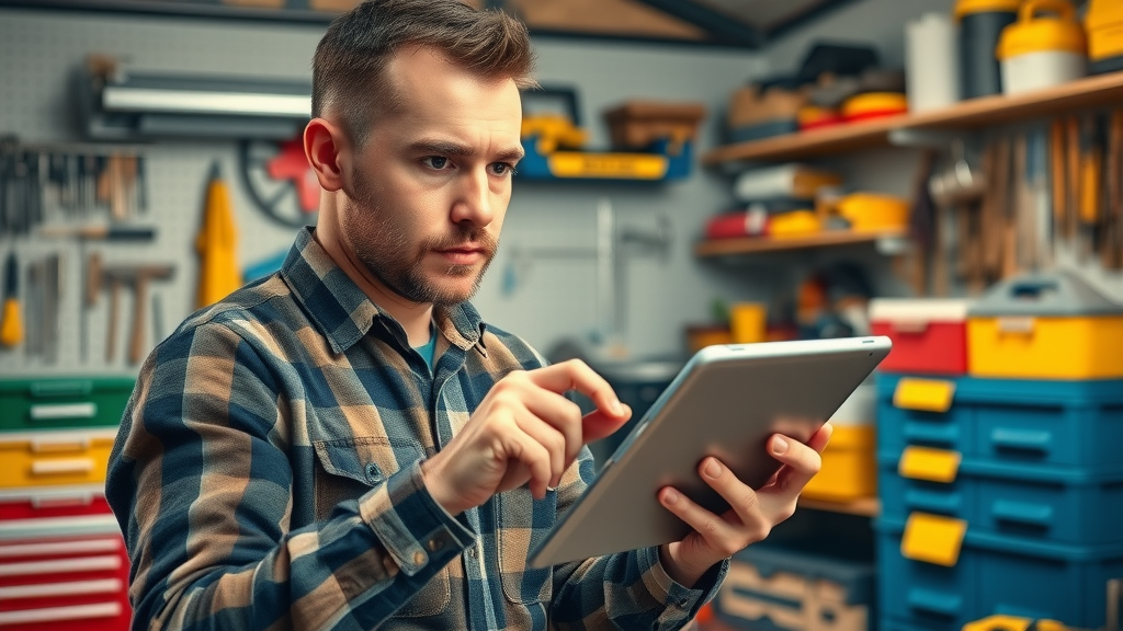 determined DIYer learning from tablet, home repair tutorial, organized workspace, diy home repairs cost savings