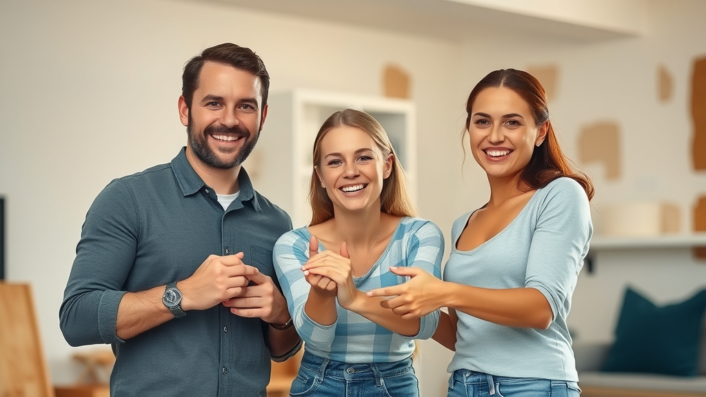 welcoming family working together patching drywall, DIY home repairs cost savings, modern living room