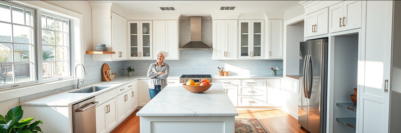 Modern kitchen by remodeling services in Sacramento, California with marble countertops.
