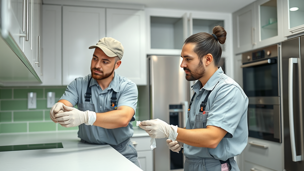 Professional team conducting residential interior painting in modern kitchen