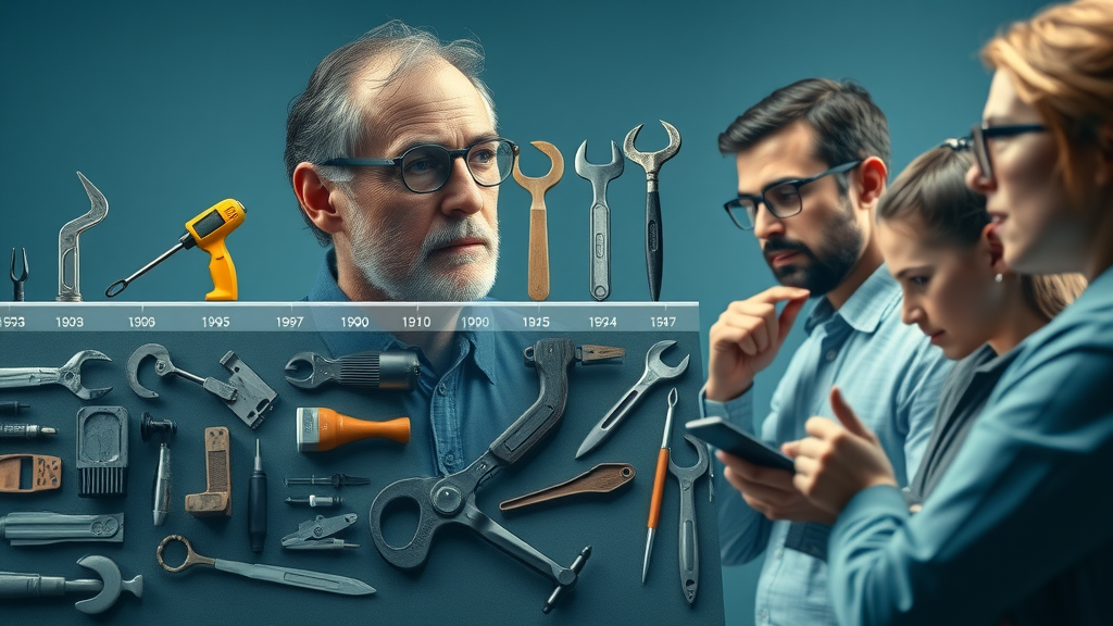 Historical timeline showing evolution of repair tools and technology