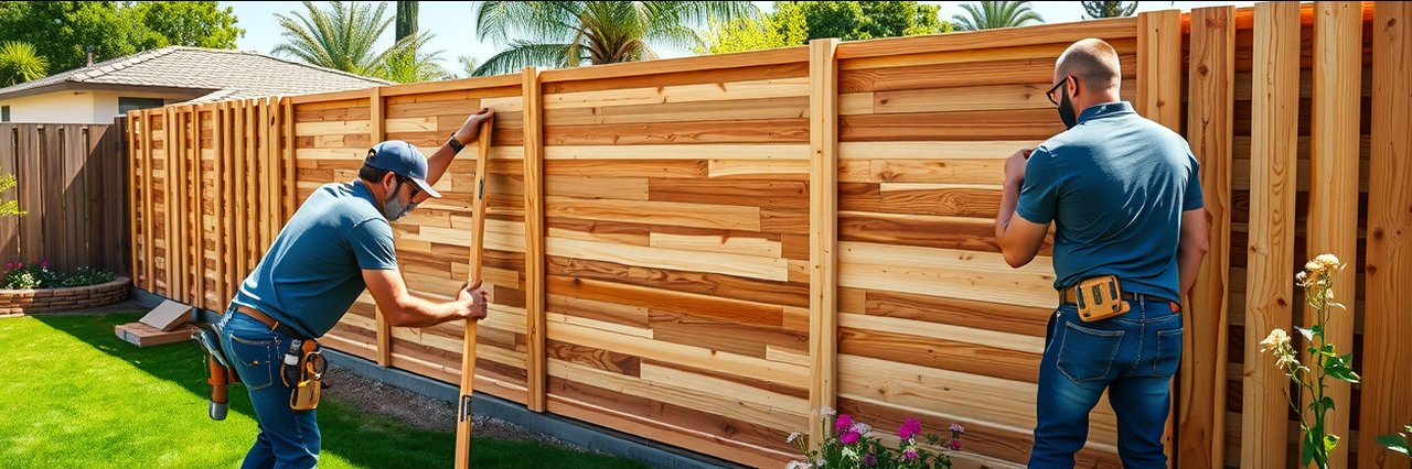 Professional fence installation services in Tarzana, CA with workers building a wooden fence.