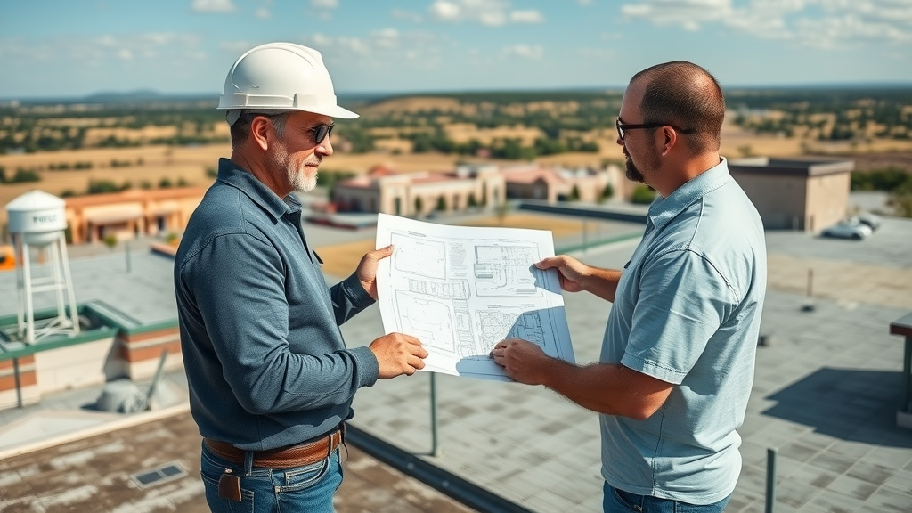 Expert roofing contractor planning project with business owner in Round Rock, Texas