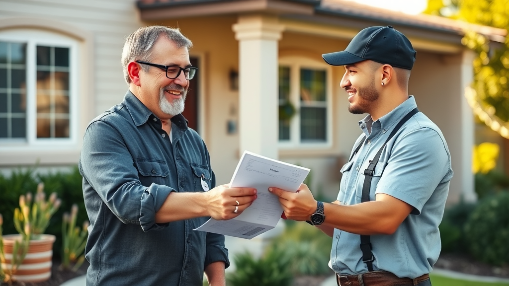 satisfied homeowner signing maintenance agreement with gate technician in Vista