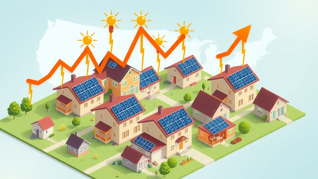 Graph showing growth of solar energy for homes, solar panels on US homes, happy families, energy savings, US map in background