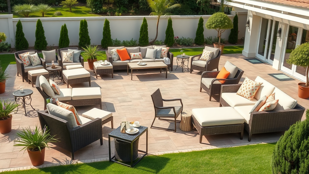 display of various patio furniture styles including bistro sets, lounge chairs, and conversation sets for a stylish outdoor space