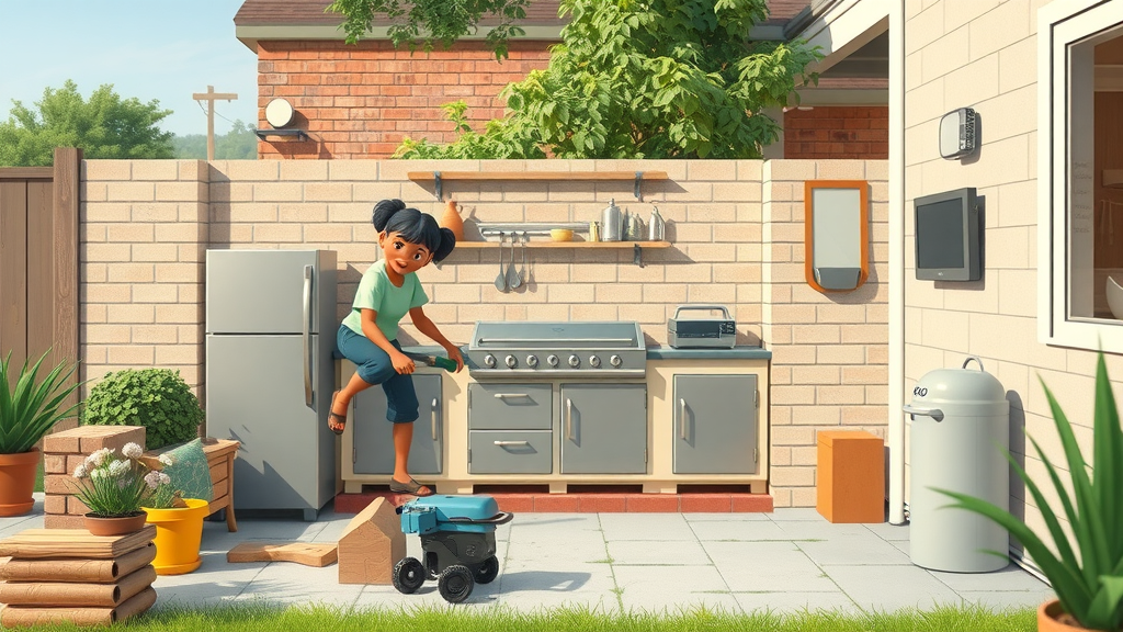 simple DIY outdoor kitchen setup, homeowner assembling modular components, cheap outdoor kitchen, outdoor kitchen cabinet, small patio kitchen ideas
