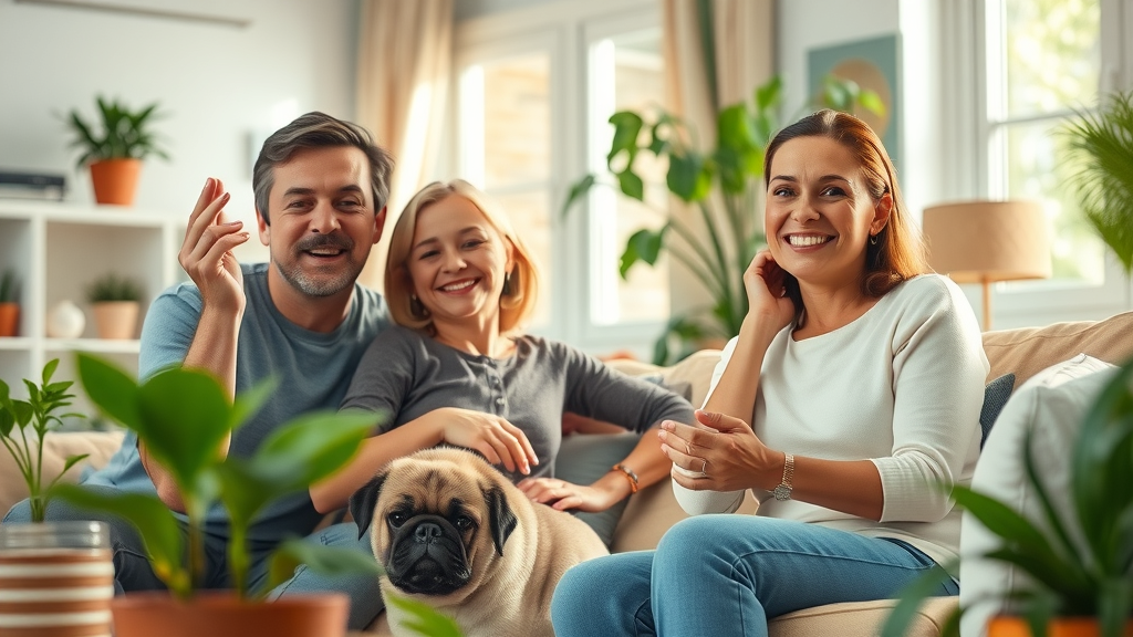 content family in pest-free living room, relief after pest control service, pest control company