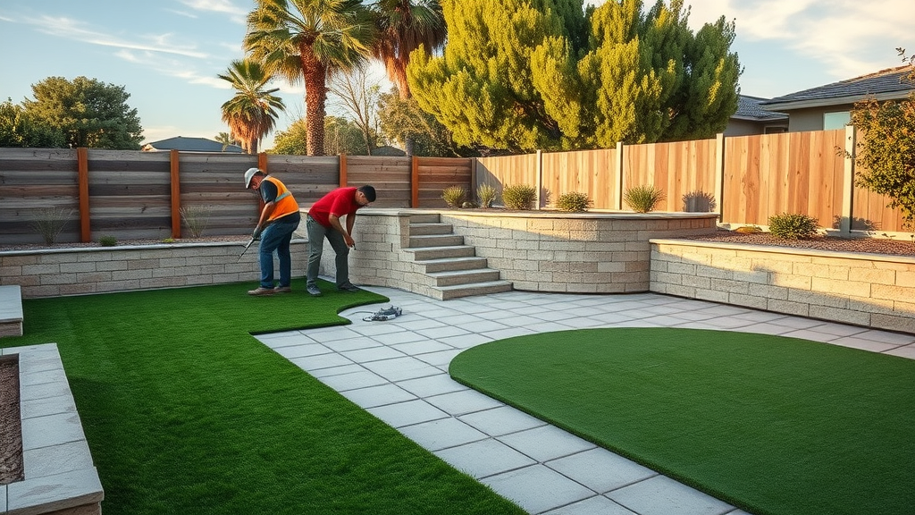 Contractors remodeling San Diego backyard with pavers, turf, and retaining wall