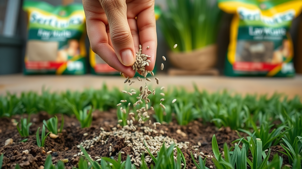 grass seed lawn care hand sprinkling over soil lush greens supplies