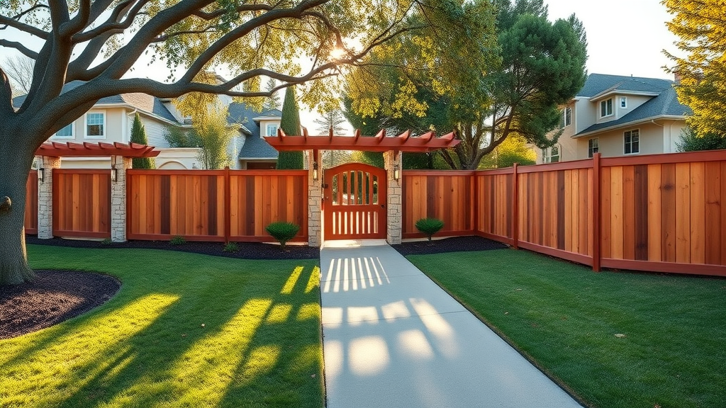 Custom redwood fence in San Ramon, California with arbor and stylish gates, sunlit yard.