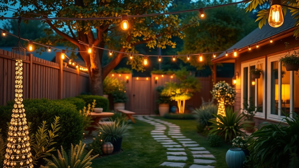 magical backyard landscape illuminated by path lights, string lights, and pendant lights, outdoor lighting magic