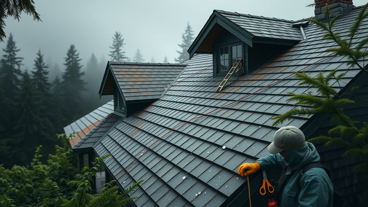Roofers in Battle Ground Washington examining a moss-free roof in lush Pacific Northwest