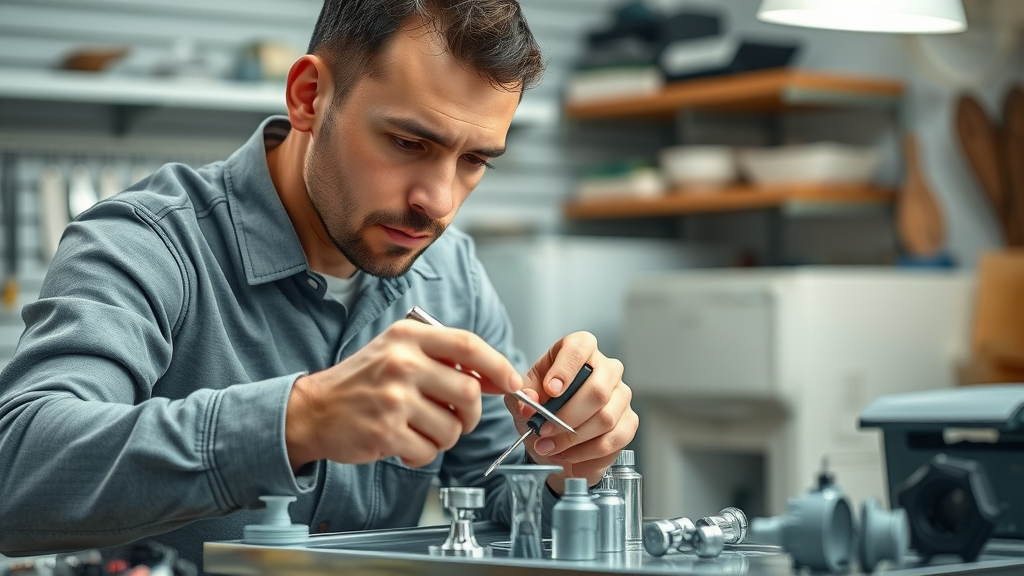appliance repair technician replacing dishwasher parts with organized workspace and new components