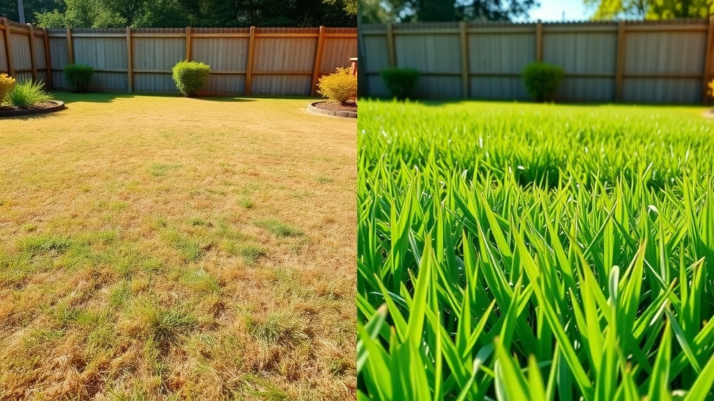Before and after comparison of a lawn, clearly showing brown patchy grass transformed into lush green after lawn aeration