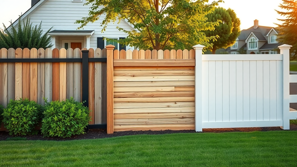Aluminum wood PVC fences side by side around a modern suburban home